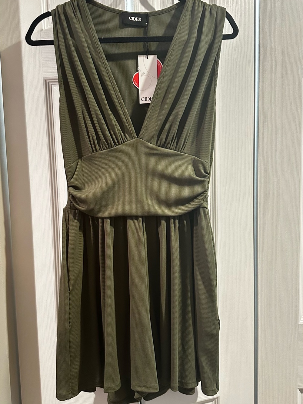 Cider Olive Green V-Neck Pleated Mini Dress